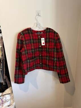 Ralph Lauren Wool Blend Plaid Mohair Cropped Jacket Ornate Gold Button 18 blazer